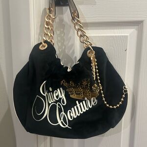 Juicy Couture Black Velvet Hobo with Gold Chain and Embroidered Logo